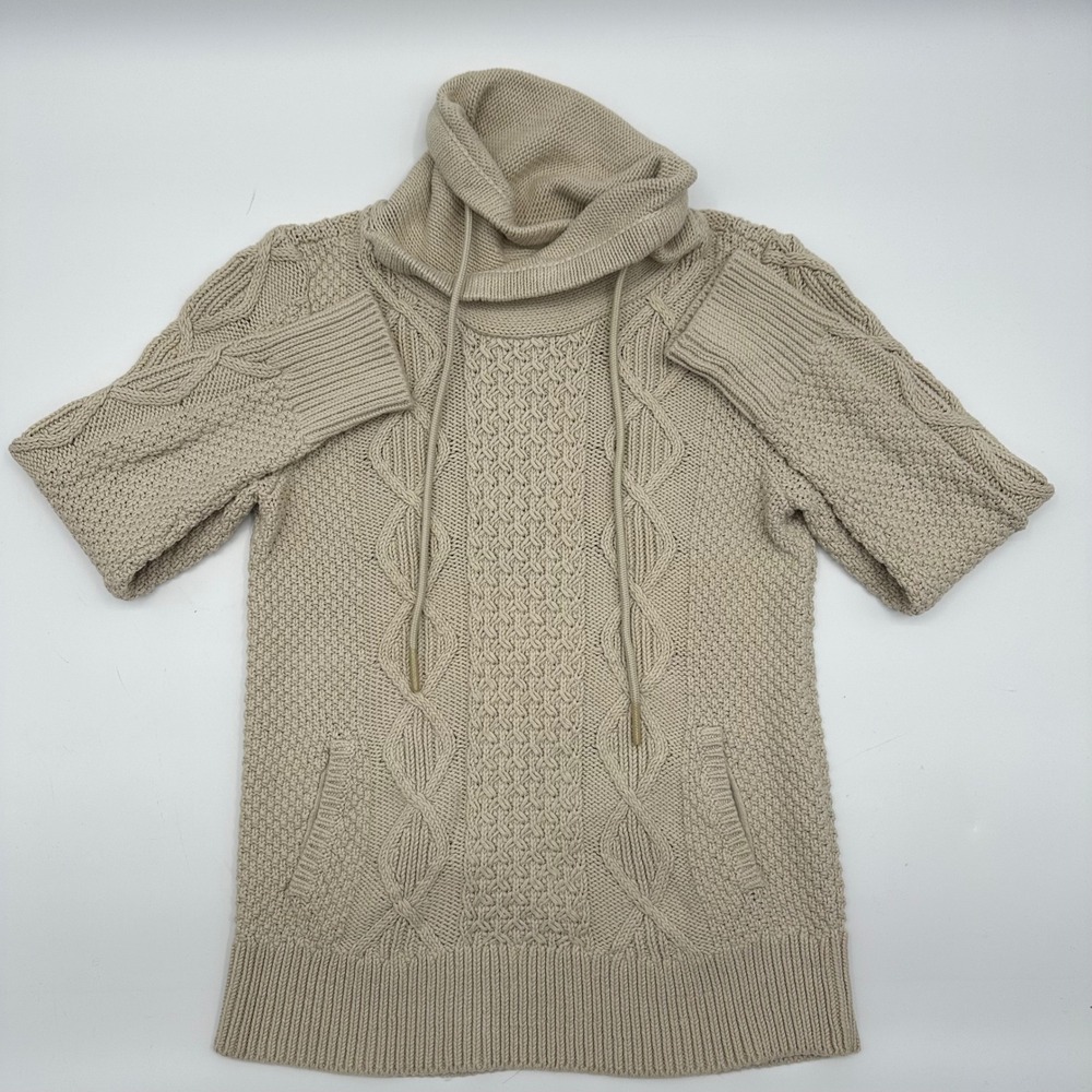 LL Bean Signature Beige Cotton Cable Knit Cowl Neck Sweater Womens Small 302534